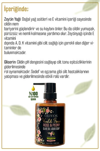 Olivos Vivaldi Serisi %100 Doğal Gül Kokulu Zeytinyağlı Sıvı El Sabun Nemlendirici Bitkisel 500 ml