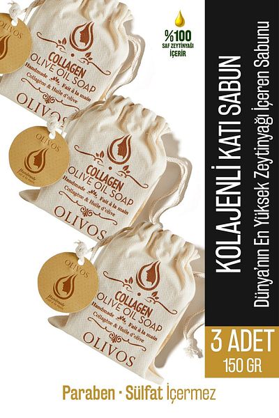 Olivos Natural Collagen and Olive Oil Solid Soap with Collagen Olive Oil Hand Soap 3 Pcs 150 Gr