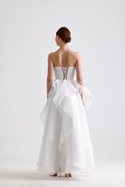 Tangül&Ali'S Moda Evi Beyaz Volanlı Maxi Elbise