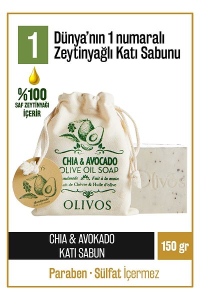 Olivos Natural Avocado Solid Soap with Chia and Olive Oil Avocado Chia Hand Soap Intensive Moisturizing 150 gr