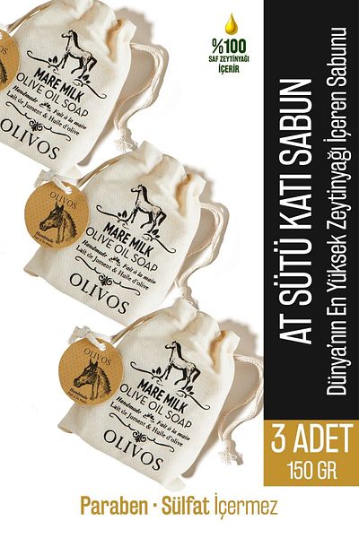 Olivos 3 Pieces 150 Gr Natural Horse Milk and Olive Oil Moisturizing Solid Soap - Gift