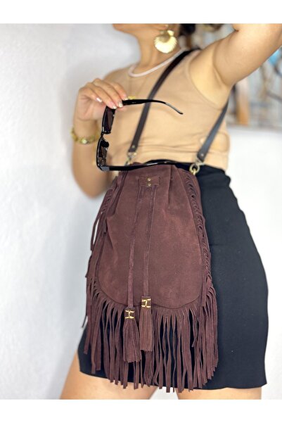 Tuvita Collection Bodrum %100 Gerçek Süet Deri El Yapımı Püsküllü Askılı Kadın Bordo Kızıl Kol Omuz Çantası