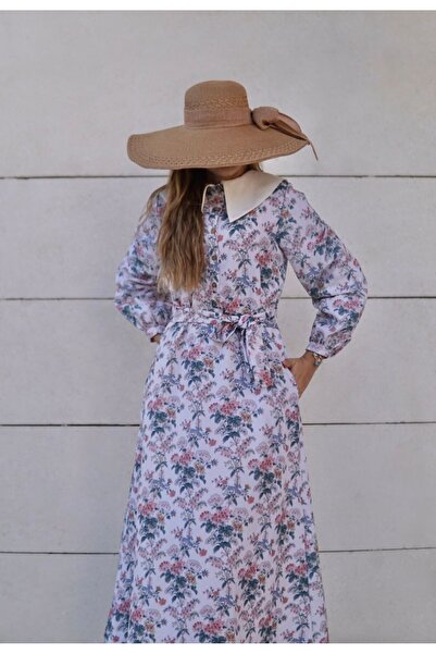 Launes Collar Detailed Vintage Pocketed Buttoned Floral Patterned Multicolore...