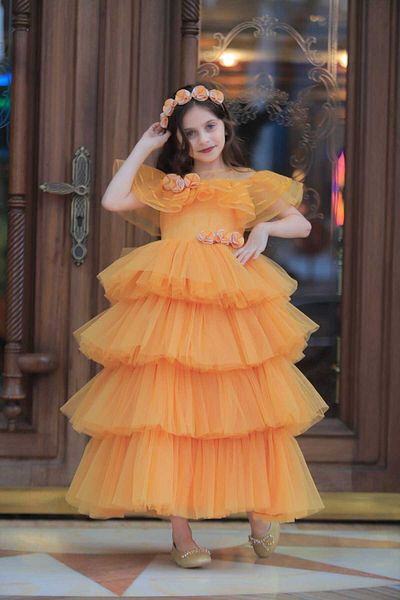 MİSS RAİN 4-layer Ruffle SKirt Flower Detailed Girl's Evening Dress - Accessory