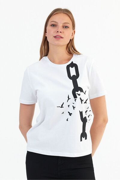 Soho Mood Γυναικείο T-Shirt με Λευκό Πουλί και Τυπωμένη Αλυσίδα 100% Βαμβάκι - Στρογγυλή Λαιμόκοψη