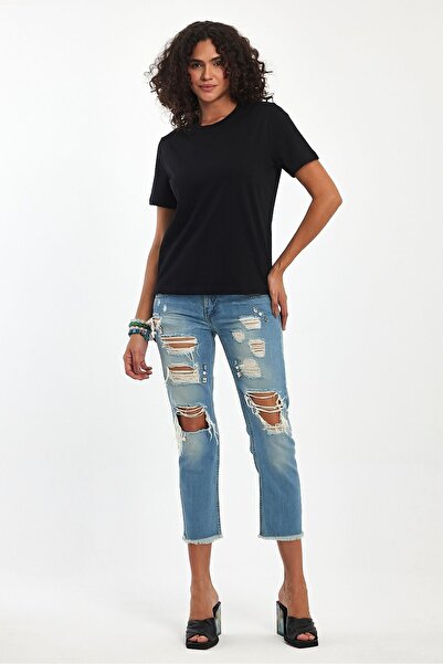 Soho Mood Black Basic 100% Cotton Women's T-Shirt - Crew Neck