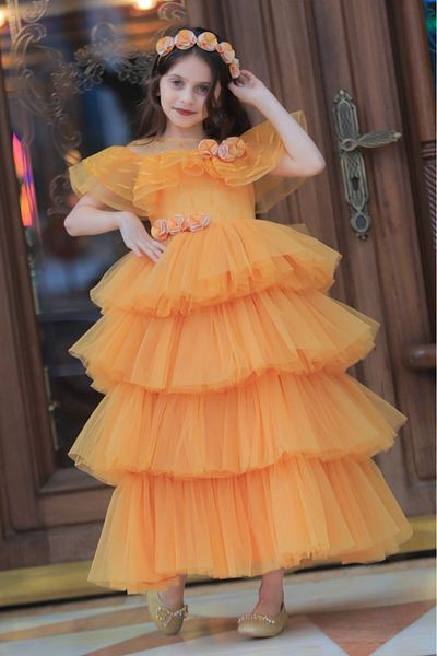 MİSS RAİN 4-layer Ruffle SKirt Flower Detailed Girl's Evening Dress - Accessory