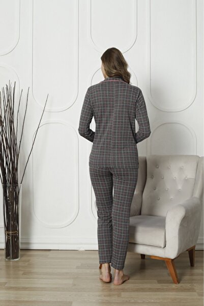 PİJAMOOD Kadın Biyeli Düğmeli Antrasit Renk Pijama Takımı