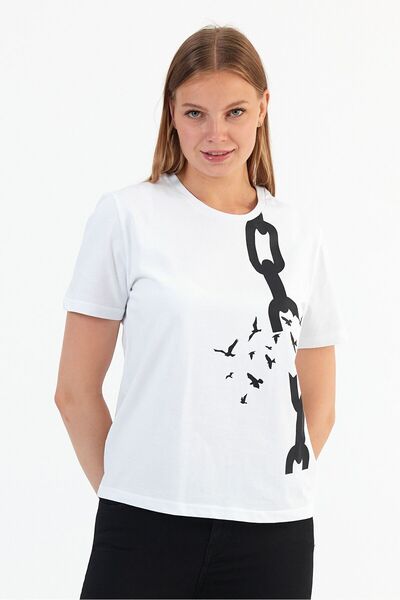 Soho Mood Γυναικείο T-Shirt με Λευκό Πουλί και Τυπωμένη Αλυσίδα 100% Βαμβάκι - Στρογγυλή Λαιμόκοψη