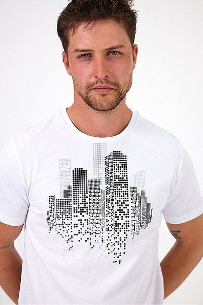 Soho Mood Ανδρικό λευκό μπλουζάκι Crew Neck Building Printed 100% βαμβάκι