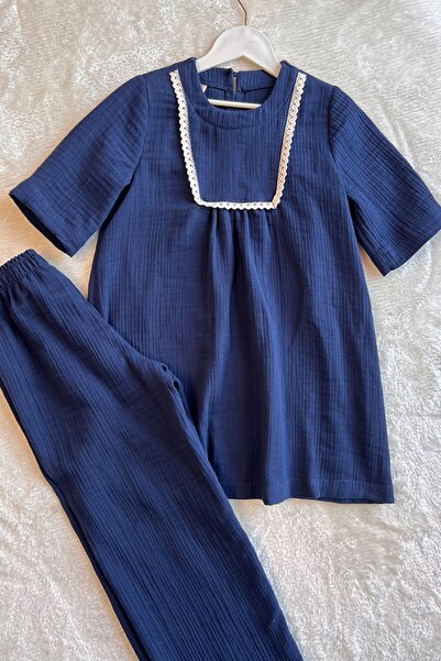 Masnu Çocuk Girl - Navy Blue Muslin Cream Laced Cotton Organic Pants Set