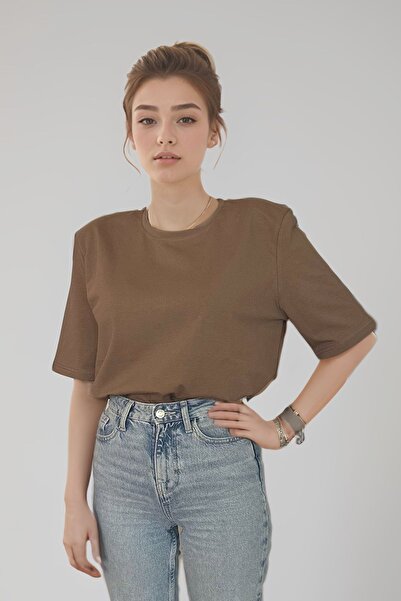 poupee Μπλουζάκι με επένδυση Milk Coffee - Γυναικείο T-shirt από βαμβακερό χτενισμένο ώμο