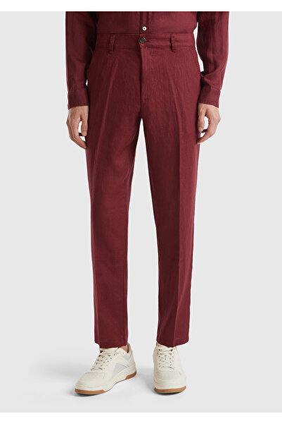 United Colors of Benetton بنطلون كتان رجالي أحمر كلاريت - 100% كتان