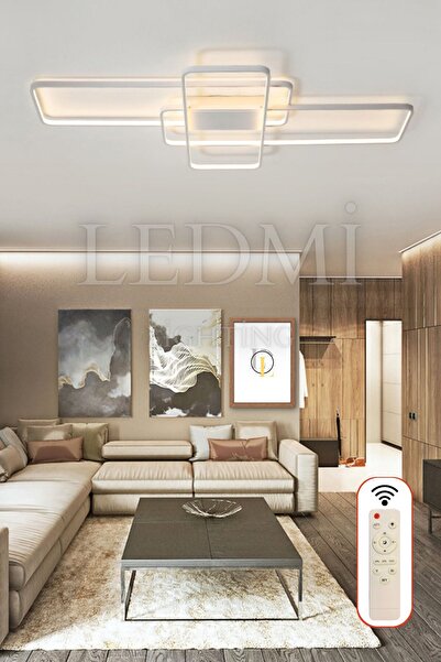 Ledmi Lighting Yüksek Aydınlatmalı Dikdörtgen Beyaz Tavan Led Avize,3 Renk Aydınlatma,Kumandalı Avize,Salon Avizesi