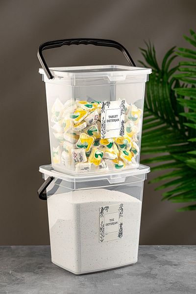 Meleni Home 6-lt Detergent Storage Container with 2 Labels - Tablet Detergent Storage Box with Handle Transparent