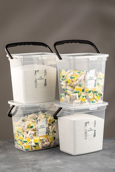 Meleni Home 6 Lt Detergent Storage Container with 4 Labels - Tablet Detergent Storage Box with Handle Transparent