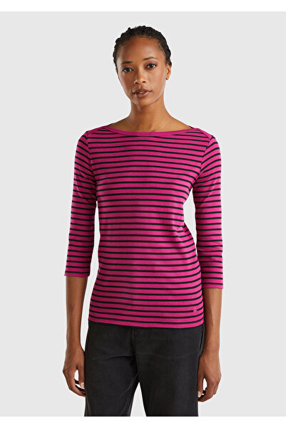 United Colors of Benetton Μωβ Mix Logo - Γυναικείο μπλουζάκι με μακρυμάνικο βάρκα από 100% βαμβάκι