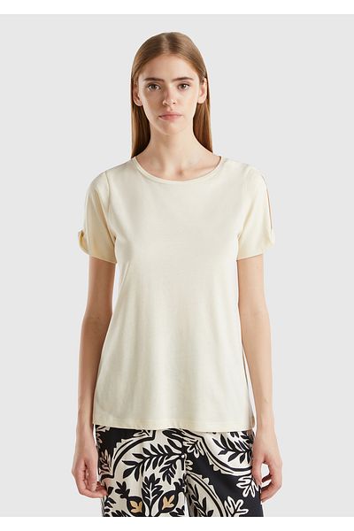 United Colors of Benetton Cream Colored Cotton and Modal Mix - Women's Round Neck T-shirt with Sleeve Detail