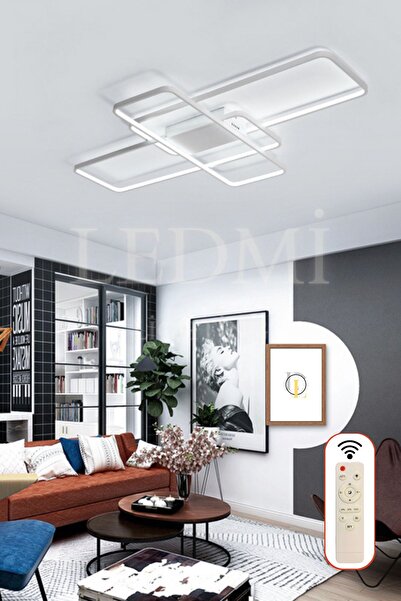 Ledmi Lighting Yüksek Aydınlatmalı Dikdörtgen Beyaz Tavan Led Avize,3 Renk Aydınlatma,Kumandalı Avize,Salon Avizesi