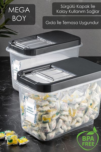 Meleni Home 2-Piece 10 Lt Mega Label Powder Tablet Detergent Storage Box with Sliding Lid Bathroom Organizer Anthracite