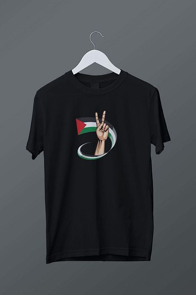 relaxbaskı Black T-Shirt with Freedom Sign, Palestine Flag