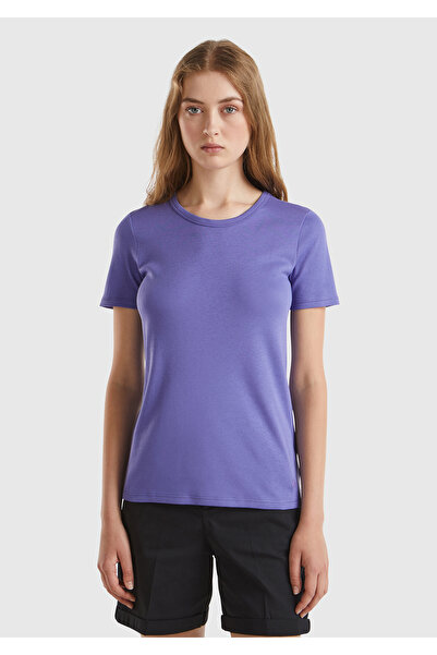 United Colors of Benetton Μωβ μπλουζάκι για γυναίκες - 100% βαμβακερό, λαιμόκ...