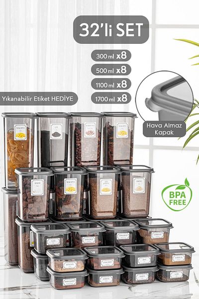 Meleni Home Set of 32 Viola Covered Square Food Storage Container - 8x(0.3 Lt-0,5 Lt-1,1 Lt-1,7 Lt) with Label