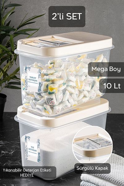 Meleni Home 2-Piece 10 Lt Mega Label Powder Tablet Detergent Storage Box - Bathroom Organizer Cream with Sliding Lid