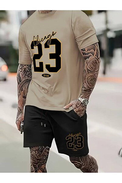 CAST COLLECTİON Erkek Bej 23 Baskılı Şort Thsirt  Takım