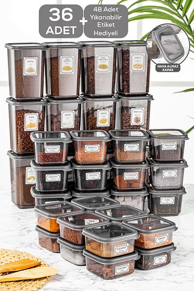Meleni Home 36 Pieces Square Pulses Storage Container Labeled Food Container Breakfast Spice Rack 12x(300-500-1100 ml)