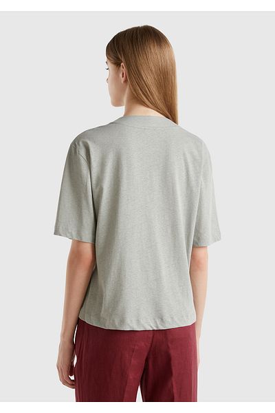 United Colors of Benetton Cardigan gri cu decolteu în V, amestec de bumbac și in, cu jumătate de mânecă