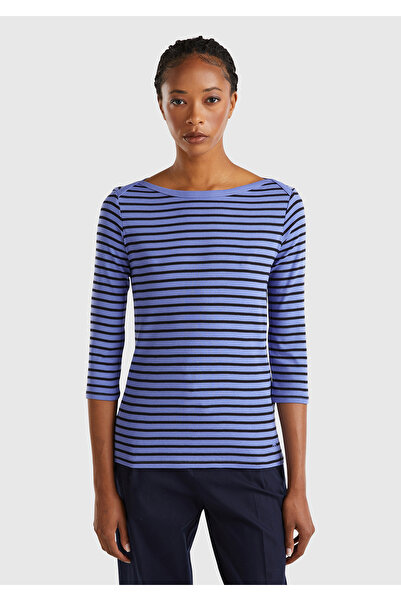 United Colors of Benetton Tricou pentru femei, 100% bumbac, cu mânecă lungă, cu gât barcă, cu logo albastru