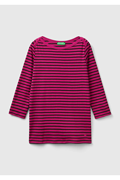 United Colors of Benetton Μωβ Mix Logo - Γυναικείο μπλουζάκι με μακρυμάνικο βάρκα από 100% βαμβάκι