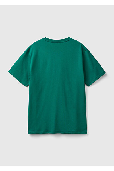 United Colors of Benetton Ανδρικό μπλουζάκι με λογότυπο Benetton σε σκούρο πράσινο χρώμα - 100% Koton, Crew Neck