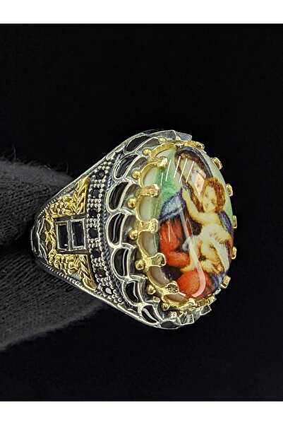 Senin Silver Oval Meryem Ana Hz.İsa Taş Figürlü  925 Ayar Erkek Gümüş Yüzük