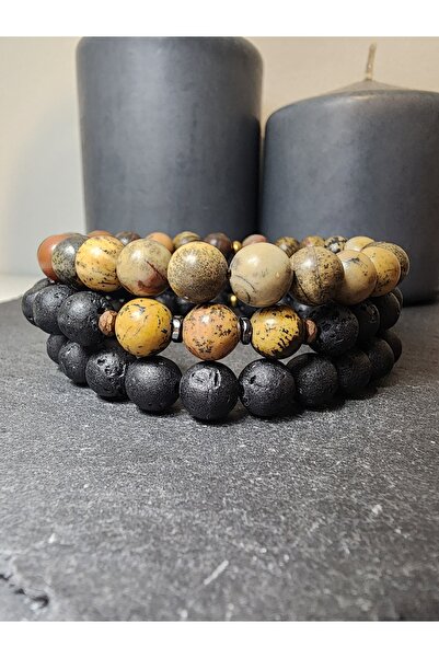 Şifa Köşesi Lav Taşı, Jasper ve Hematit  Doğal Taş Unisex Takım Bileklik / Denge, Cinsel Güç ve Sağlık