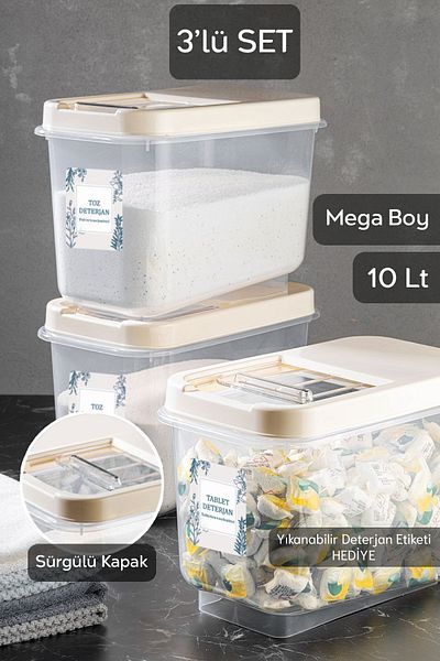 Meleni Home 3-Piece 10 Lt Mega Bathroom Organizer - Powder Tablet with Sliding Lid and Label Detergent Storage Box Cream
