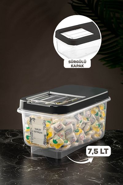 Meleni Home Recipient de depozitare pentru detergent cu capac glisant de 7,5 litri - Cutie de depozitare pentru detergent pentru tablete cu etichetă antracit