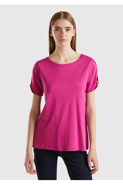 United Colors of Benetton Fuchsia Women's T-shirt - Cotton and Modal Blend, Sleeve Detail, Round Neck