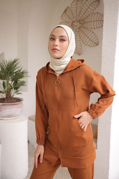 PİNK FLY Hooded Imported Double Fabric Kangaroo Pocket Women's Hijab Tracksuit Set