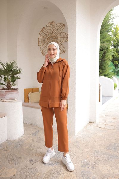PİNK FLY Hooded Imported Double Fabric Kangaroo Pocket Women's Hijab Tracksuit Set