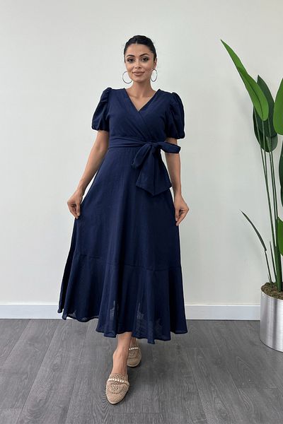 giyimmasalı Dark Blue Midi Dress - Linen Fabric, Double Breasted Collar