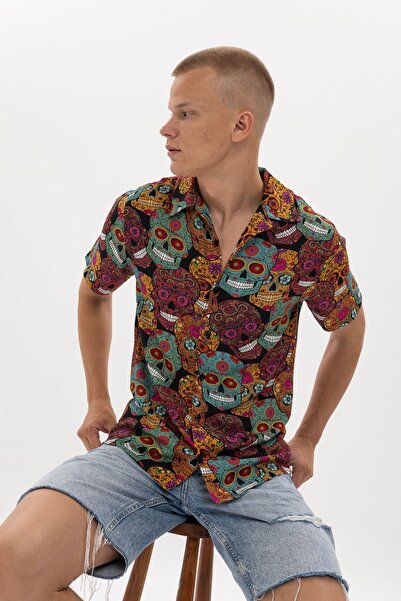 S-Ponder Men's Mexican Kurufaka Print 100% Viscose Short Sleeve Shirt