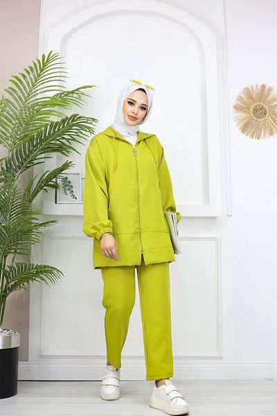 PİNK FLY Kangaroo Pocket Imported Double Fabric Hooded Women's Hijab Double Tracksuit Set