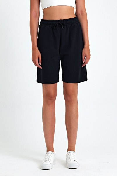 COMEOR 2'li Kadın Rahat Kesim Beli Lastikli Mevsimlik Yumuşak Kumaş Cepli Siyah-Gri Uzun Bermuda Şort