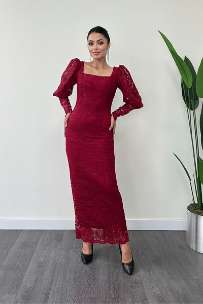 giyimmasalı Guipure Lace Fabric Balloon Sleeve Pencil Dress - Claret Red