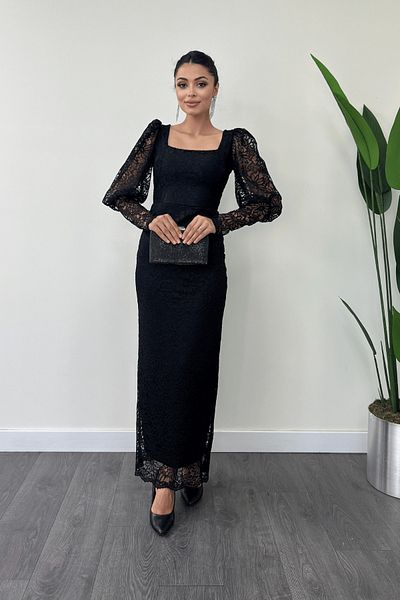 giyimmasalı Guipure Lace Fabric Balloon Sleeve Pencil Dress - BLACK