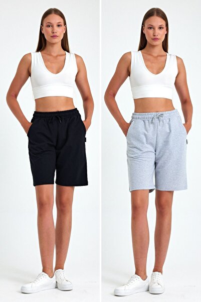 COMEOR 2'li Kadın Rahat Kesim Beli Lastikli Mevsimlik Yumuşak Kumaş Cepli Siyah-Gri Uzun Bermuda Şort