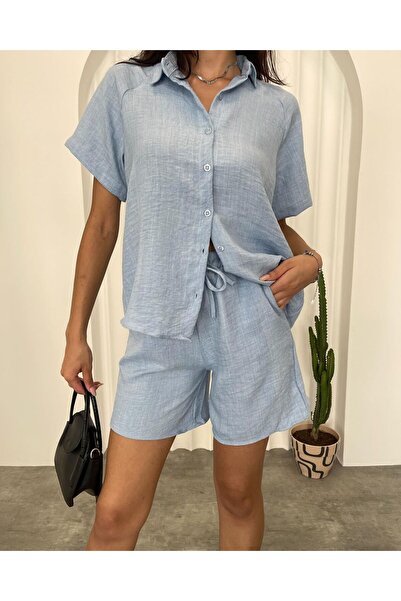 HARMONY GLOBAL Set cămașă cu mânecă scurtă și pantaloni scurți cu șireturi din in albastru - 11.051