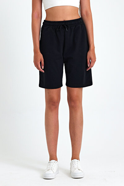 mmetalic Kadın Rahat Kesim Beli Lastikli Mevsimlik Yumuşak Kumaş Cepli Siyah Uzun Bermuda Şort